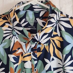 BYLT Premium Basics Mens XXL Holiday Golf Polo Tropical Floral Print Blue Yellow